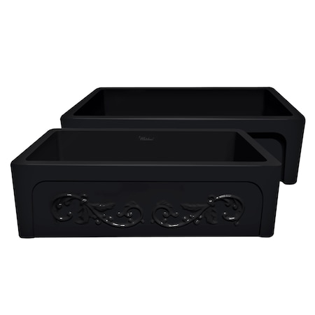 Whitehaus 33" Front Apron Sink W/ An Intricate Vine Design On One Side , Blk WHSIV3333-BLACK